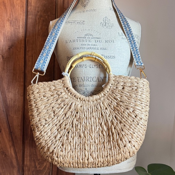 Haute Hippie Natural Straw Tote with Bamboo Handles and Blue Patterned Strap NWT - Picture 6 of 6